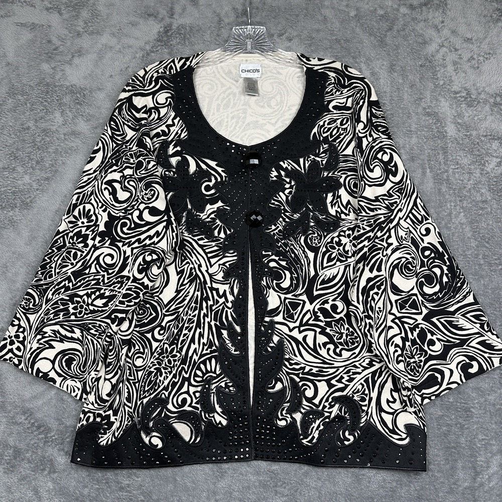 Chicos Cardigan Sweater Silk Blend Womens Size 3 US XL Embellished Black Tan